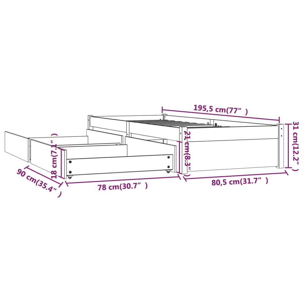 vidaXL Cadre de lit avec tiroirs 75x190 cm Petit simple