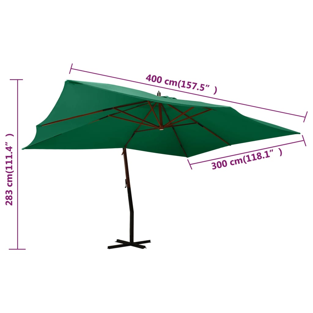 vidaXL Parasol en porte-à-faux avec mât en bois 400x300 cm Vert