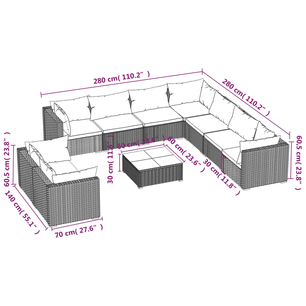 vidaXL Salon de jardin 10 pcs avec coussins noir résine tressée