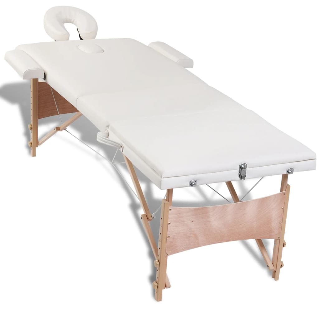 vidaXL Table de massage pliable Blanc crème 3 zones avec cadre en bois