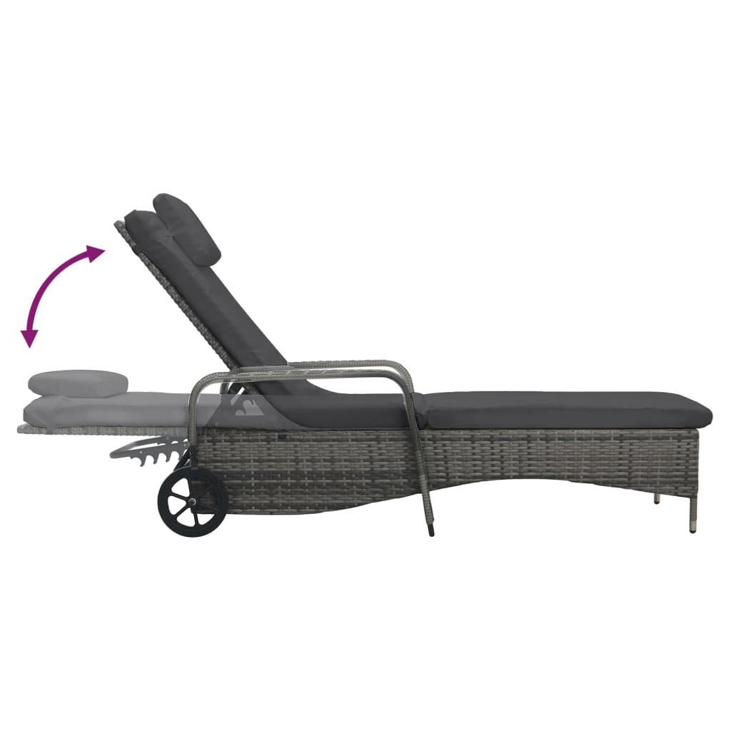 vidaXL Chaise longue avec roues résine tressée gris