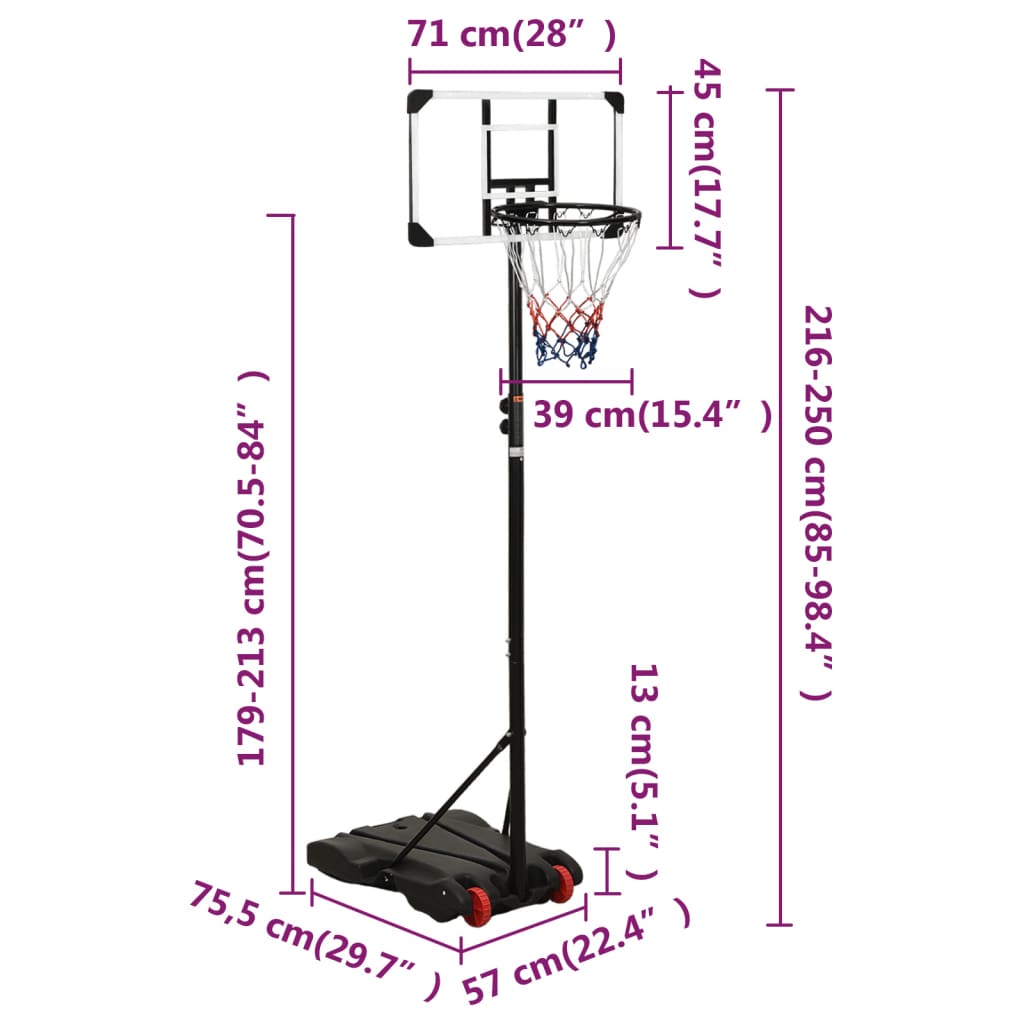 vidaXL Support de basket-ball Transparent 216-250 cm Polycarbonate