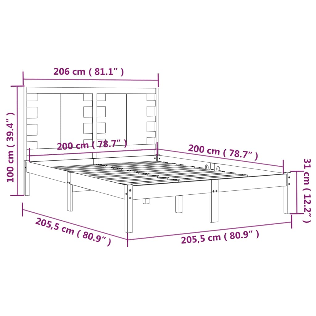 vidaXL Cadre de lit Noir Bois de pin massif 200x200 cm