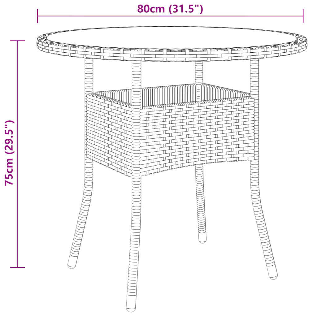 vidaXL Table de jardin Ø80x75 cm Verre trempé/résine tressée Noir