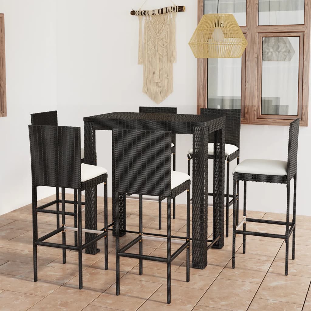 vidaXL Ensemble de bar d'extérieur 7 pcs coussins Résine tressée Noir