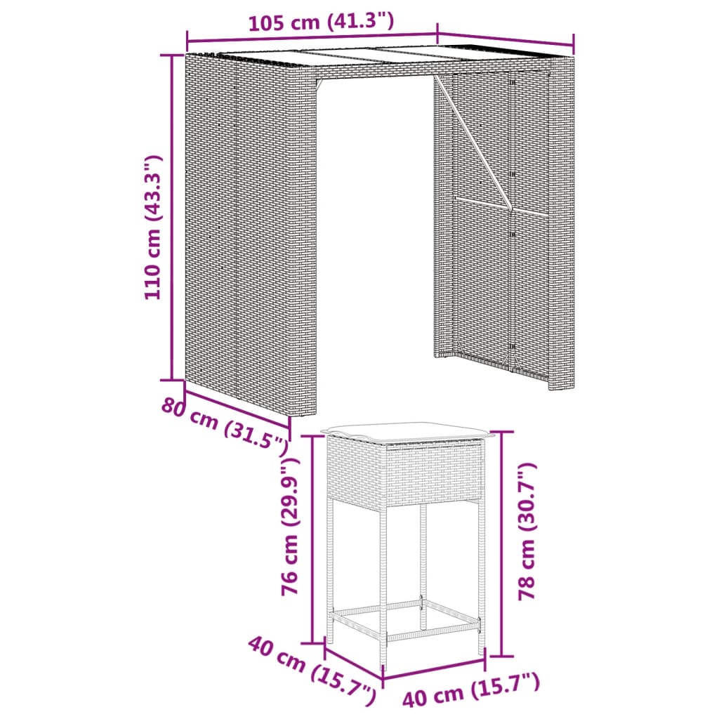 vidaXL Ensemble de bar de jardin avec coussins 5 pcs marron poly rotin