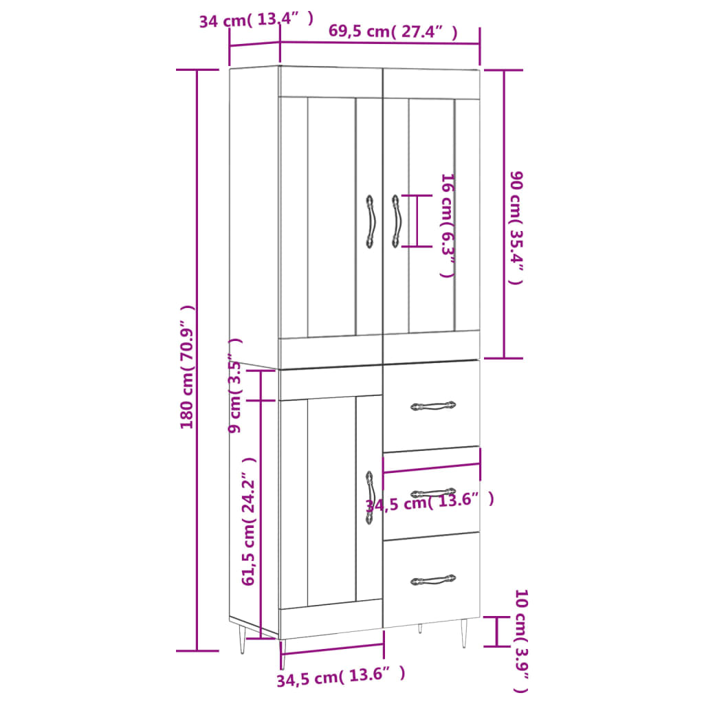 vidaXL Buffet haut Blanc 69,5x34x180 cm Bois d'ingénierie