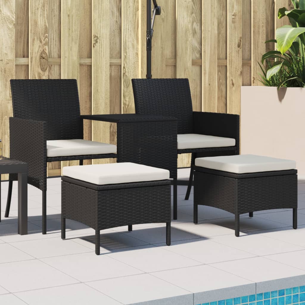 vidaXL Canapé de jardin 2 places avec table et tabourets noir rotin