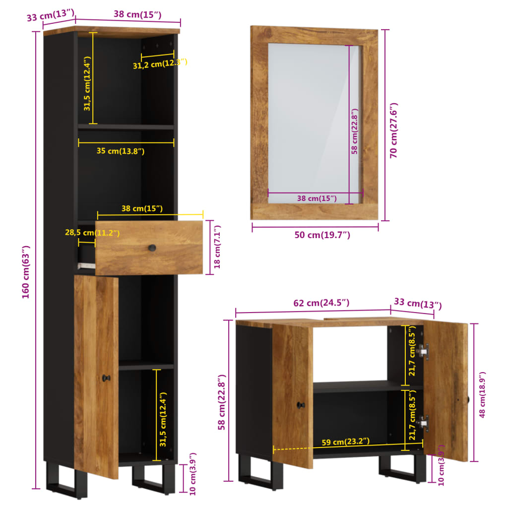 vidaXL Ensemble de meubles de salle de bain 3 pcs bois manguier massif