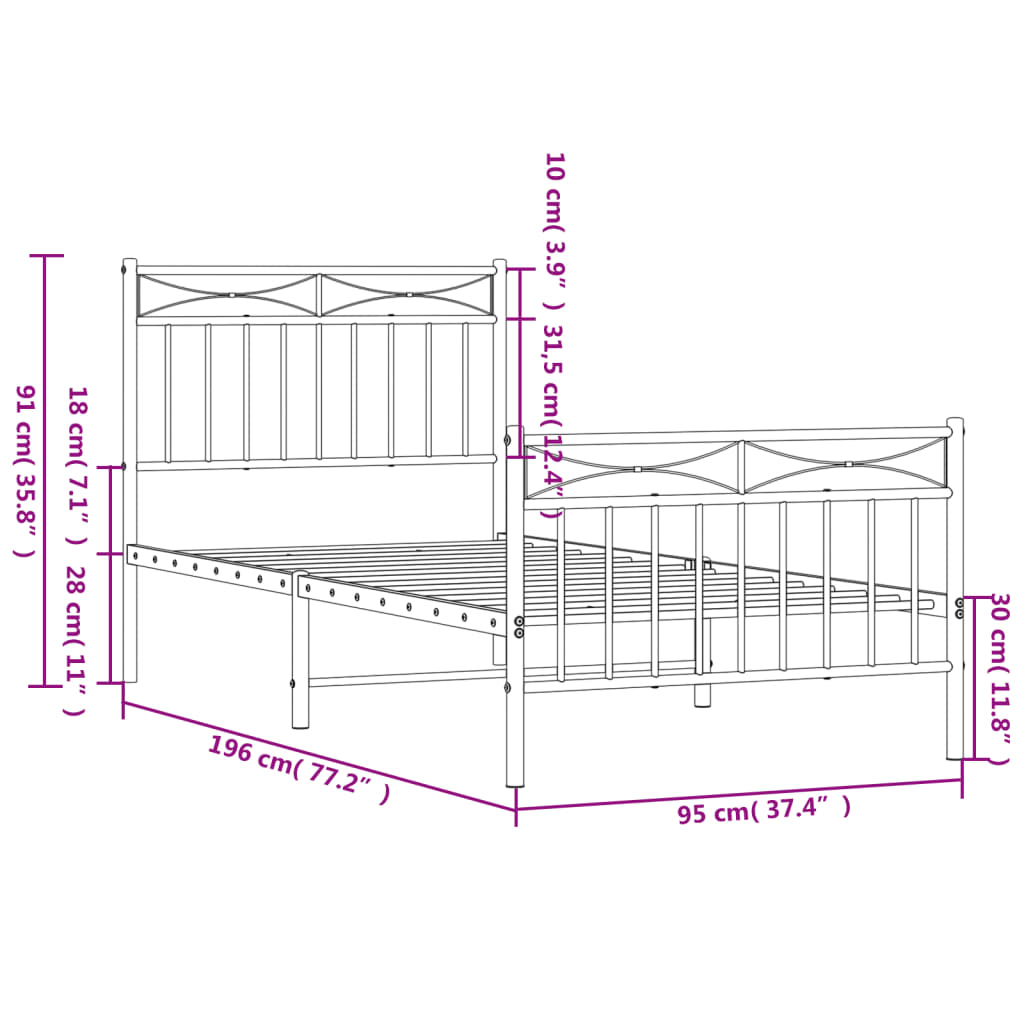 vidaXL Cadre de lit métal sans matelas avec pied de lit noir 90x190 cm