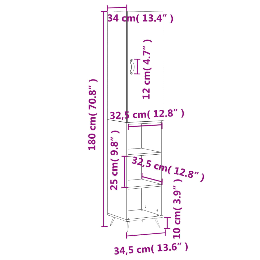 vidaXL Buffet haut Sonoma gris 34,5x34x180 cm Bois d'ingénierie