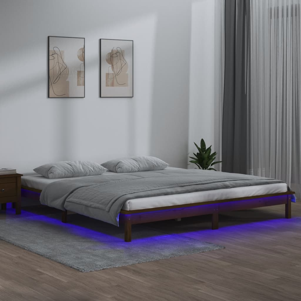 vidaXL Cadre de lit à LED marron miel 200x200 cm bois massif