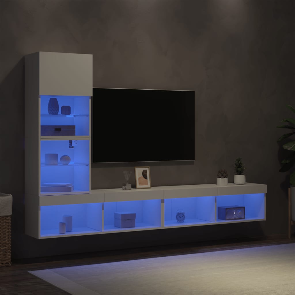 vidaXL Unités murales TV avec LED 4 pcs blanc bois d'ingénierie