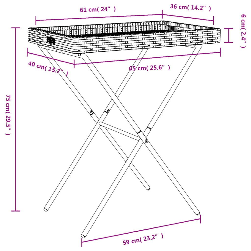 vidaXL Table à plateau pliable noir 65x40x75 cm résine tressée