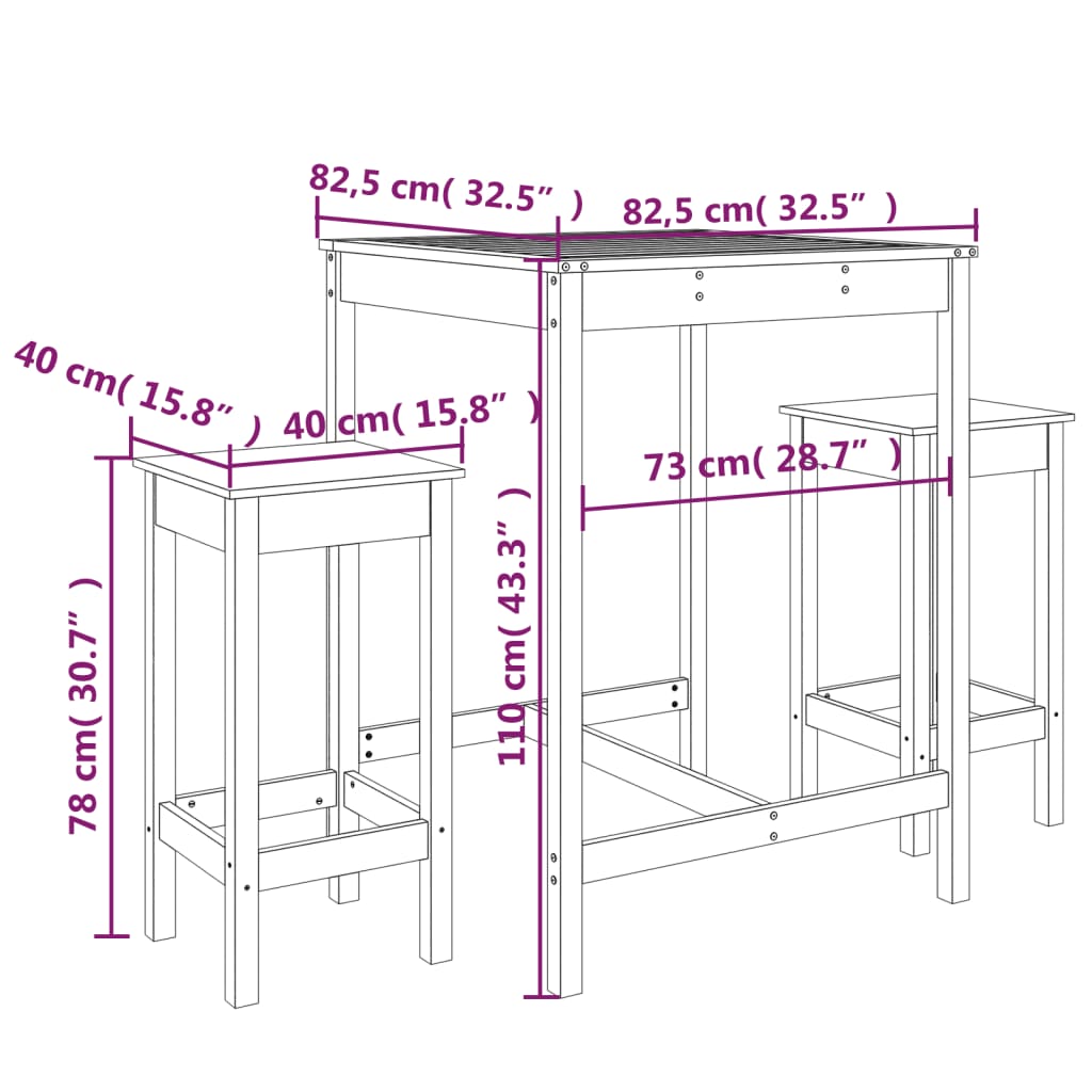 vidaXL Ensemble de bar de jardin 3 pcs gris bois de pin massif