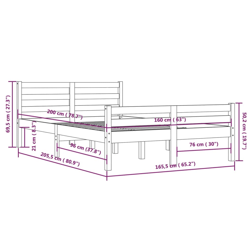 vidaXL Cadre de lit Marron miel Bois massif 160x200 cm