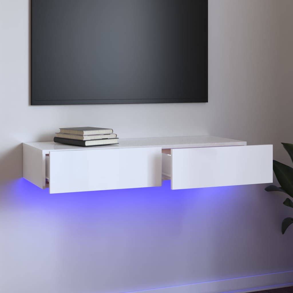 vidaXL Meuble TV avec lumières LED Blanc brillant 90x35x15,5 cm